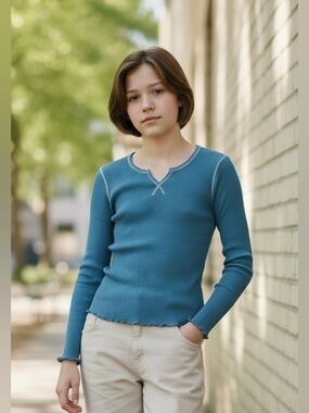 Art Class Girls Ribbed Long Sleeve Top Size L (10/12) Blue NWT